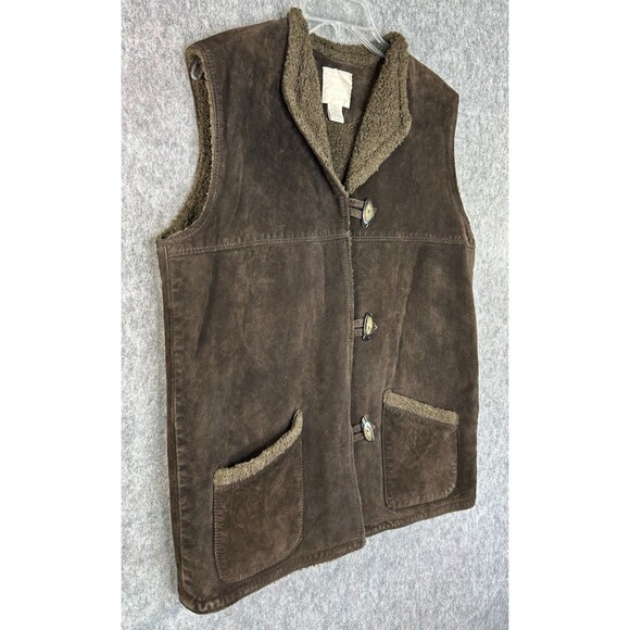 J.jill Leather Vest Sherpa Lined Button Front Pockets Brown Size Medium - Picture 3 of 8